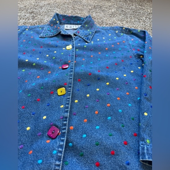 Vintage Keren Hart Rainbow Polka Dot Embroidered Denim Jean Jacket Women's M EUC - Picture 3 of 9